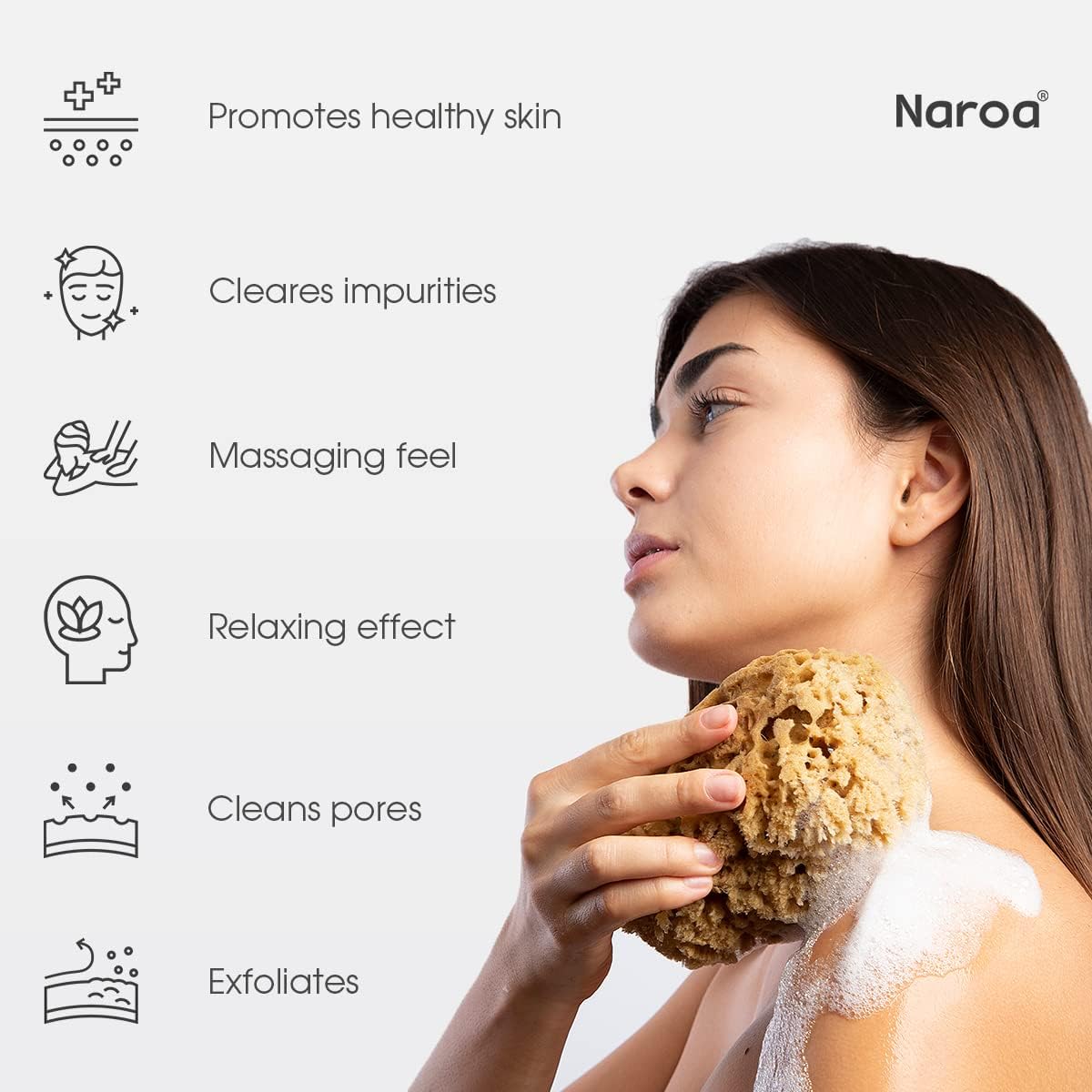 Naroa Massage Natural Shower Sponge | Unbleached Body Scrubber Puff | Bath Sea Loofah for Healthy Skin | Sustainable Plastic Free (Medium)