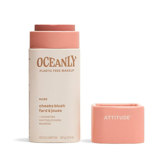 ATTITUDE Oceanly Plastic-Free Lightweight Blush Stick, Titanium Dioxide-Free, EWG Verified, Vegan & Cruelty-free Makeup, Rose, 0.3 Ounces