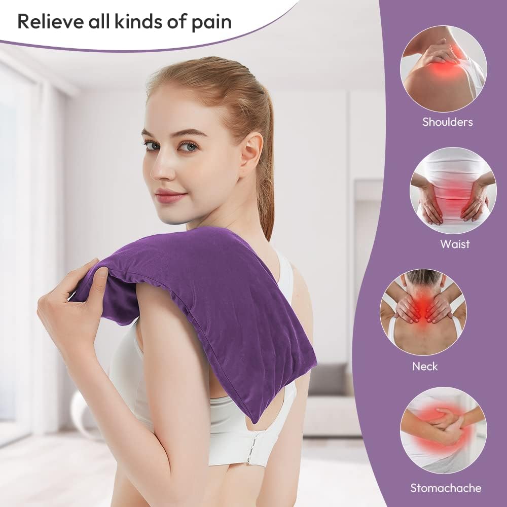 Microwavable Heating Pad with Washable Cover, 8 x 18 Microwave Heating Pad for Neck and Shoulders, Moist Heat Bean Bag Warm Compress for Knee, Joints, Wrist, Abdomen (Dark Purple)