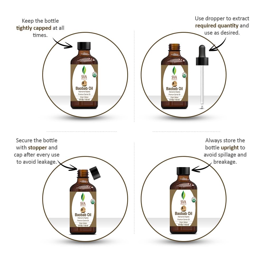 SVA Baobab Seed Oil Organic - 4 Fl Oz – 100% Natural Cold Pressed Organic Baobab Oil - for Face, Skin Care, Hair Care, Scalp Massage & Body Massage – Carrier Oil with Dropper