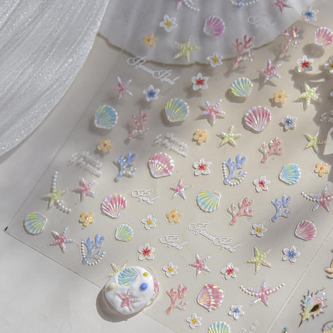 Starfish Nails Stickers Ocean Nail Art Decals Marine Organism with Design Summer Beach Nail Art Stickers for Women Girls Kid 5D Embossed Self Adhesive Manicure Supply Decoration