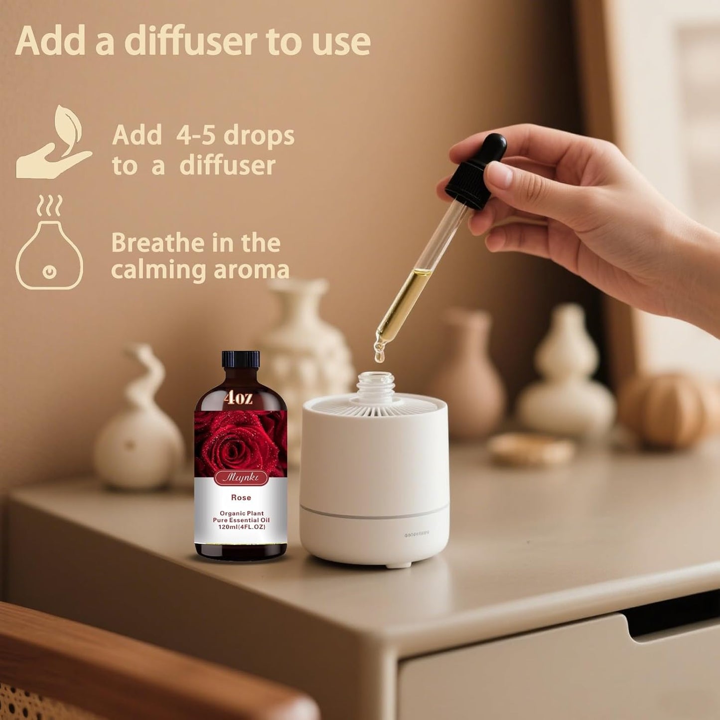 Rose Fragrance Oil-Rose Essential Oil 4.33oz (130ml)-100% Pure Natural Scent for Diffusers, Candles, Soap Making & Aromatherapy-Relaxing Home & Gift Essential Oil for Bath, Massage