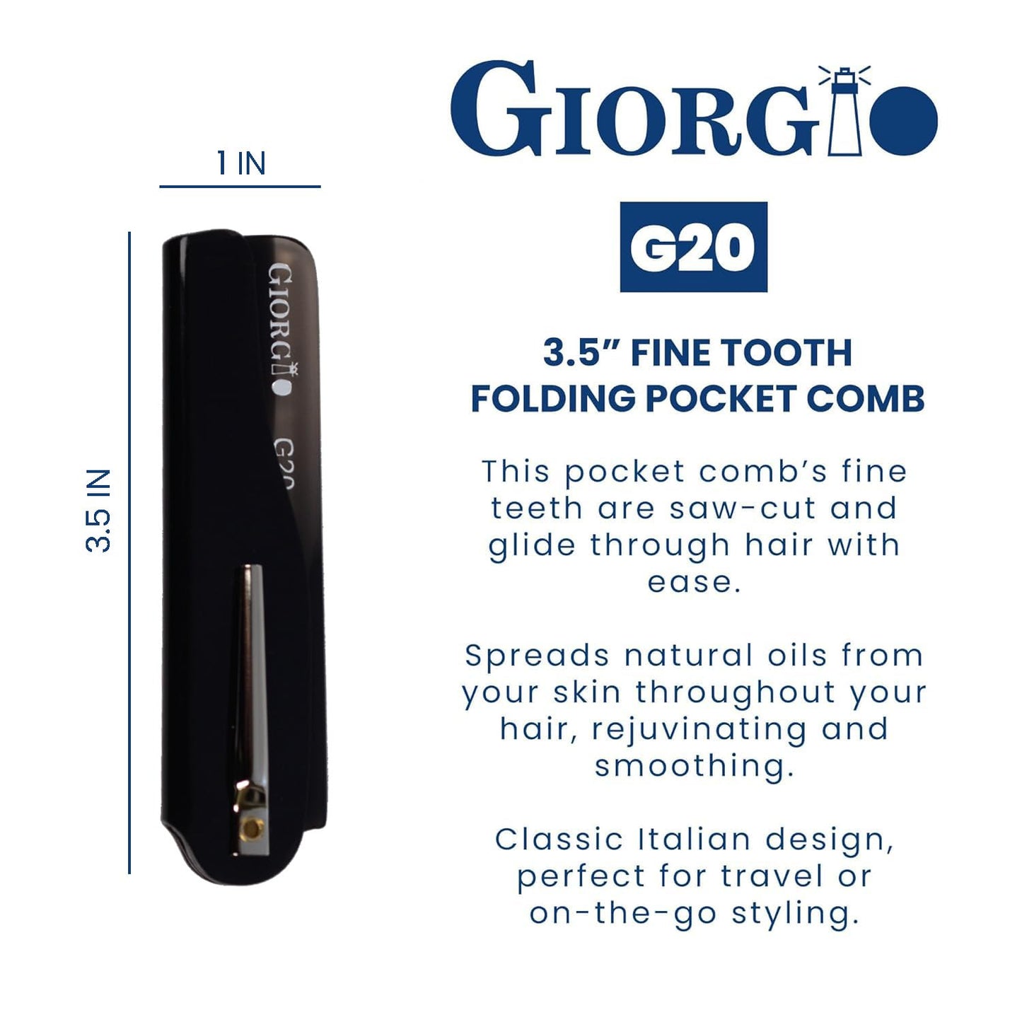 Giorgio G20 Fine Tooth Folding Mustache and Beard Comb 6.5 Inches - Small Pocket Comb for Everyday Hair Care and Styling - Sawcut and Hand Polished (Black Graphite)