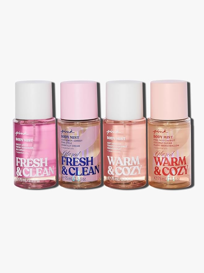 Victoria's Secret PINK 4 Piece Merry Mini Mists Gift Set: Warm & Cozy and Fresh & Clean, Assorted Scents