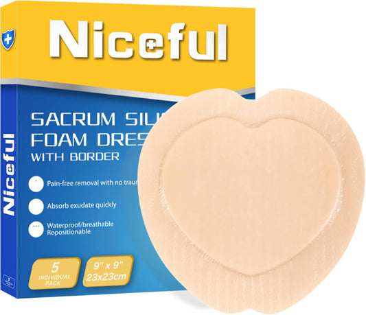 Sacral Foam Dressing 9" x 9" - Border Sacrum Bandage for Bed Sores Pressure, Silicone Adhesive Wound Dressing Pads for Large Wound, 5 Count