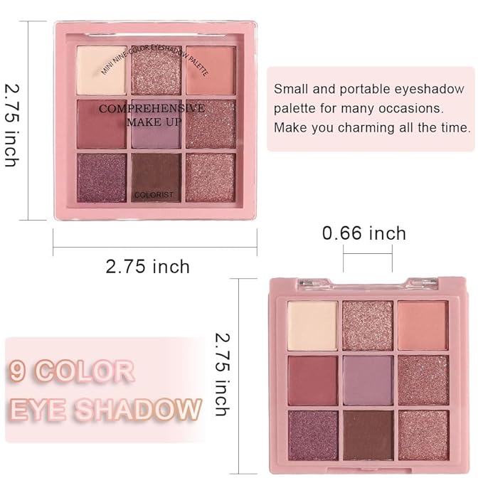 9 Colors Colorful Eyeshadow Palette Makeup,Rose Gold Brown Purple Nude Matte Shimmer Neutral Eye Shadow Powder Palette,Highly Pigmented Naturing-Looking Long Lasting Waterproof