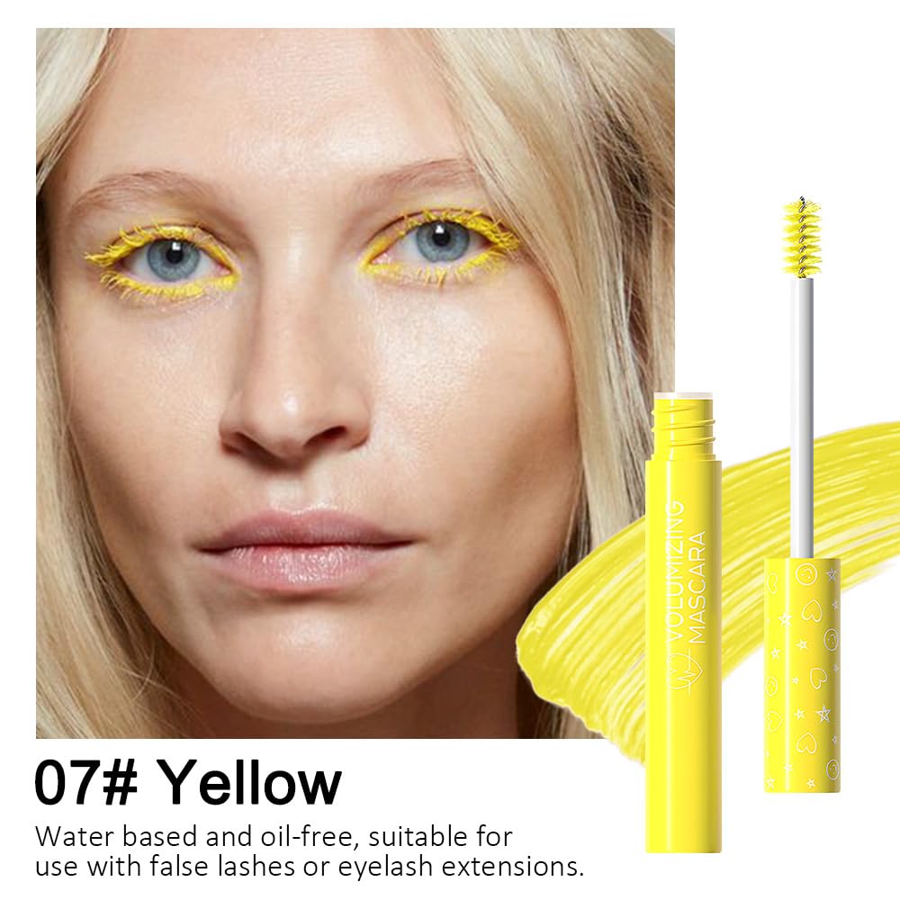 Colored Mascara for Eyelashes Set,Colorful Waterproof Mascara for eyelashes Long lasting Charming Voluminous for Women Halloween Eye Makeup (1Pcs 07#Yellow, F)