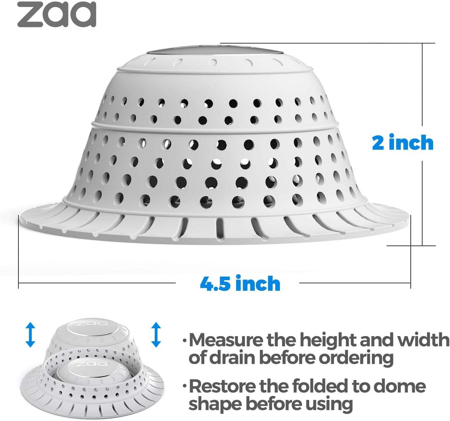 zaa Bathtub Drain Hair Catcher, Premium Silicone Collapsible 1 Pack Drain Protector for Pop-Up and Regular Drains of Shower, Tub, Bathroom, Sink, Light Gray