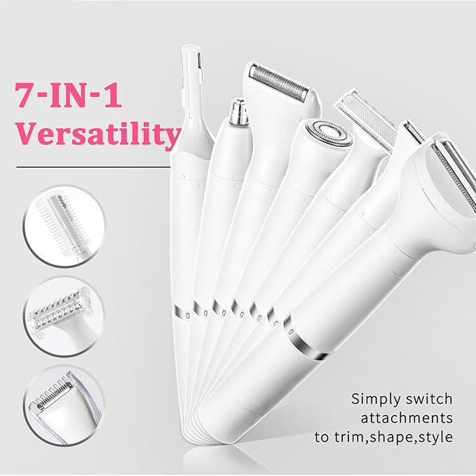 7 in 1 Facial Hair Removal and Bikini Hair Trimmer for Women Painless Electric Face Shaver Nose Eyebrow pubic Trimmer Replaceable Razors Waterproof Electric Shaver Women's Grooming Kit
