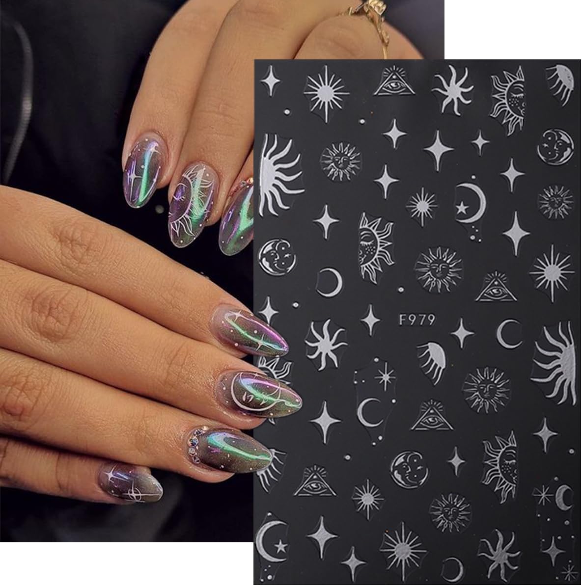 Silver Star Sun Nail Art Sticker Decals 3D Moon Nail Stickers 8 Sheets Self-Adhesive Sun Moon Star Nail Charm Design Nail Art Supplies Snake Eyes Nail Decals for Women Acrylic Nails Salon Decorations