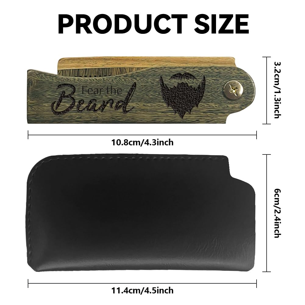 CHGCRAFT Fear the Beard Folding Wooden Comb Foldable Beard Comb Carved Wooden Combs Fine Tooth Hair Combs with Imitation Leather Carrying Pouch for Men Grooming Mustaches Head Hair Husband Gift