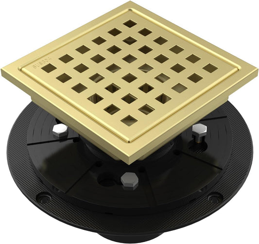 6 Inch/4 Inch Square Shower Drain SUS304 Stainless Steel Bathroom Floor Drain Strainer, Hair Catcher, Anti-Clog, Rust-Resistant, Fast Drainage (Brushed Gold)