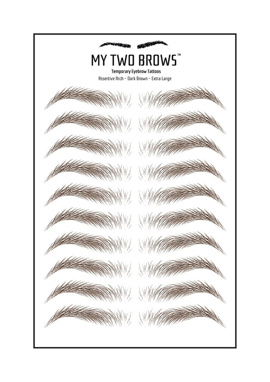 (10 pairs) Dark Brown Temporary Eyebrow Tattoo - Extra Large Size - Waterproof & Smudgeproof - Assertive Arch Style Eyebrow Stickers - Sheet Lasts up to 30 Days - Won't Work on Existing Brows