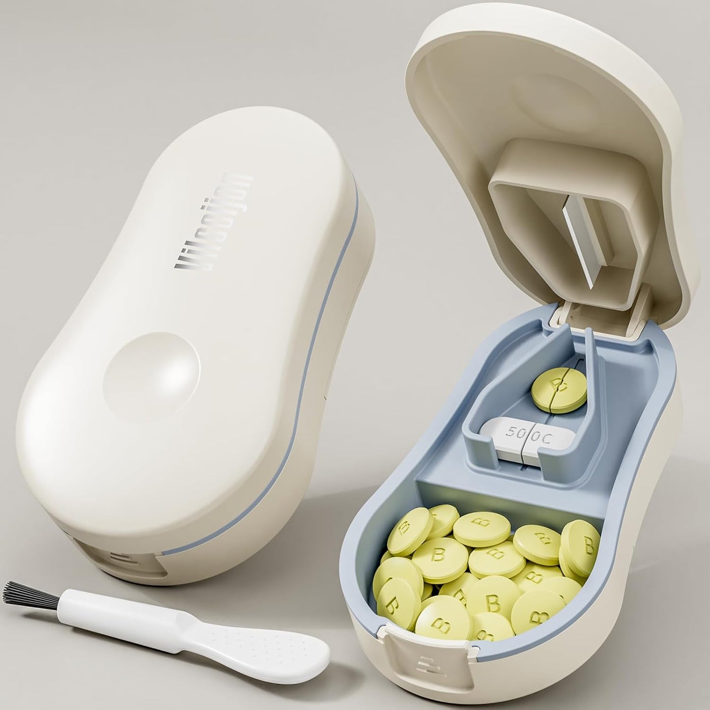 Pill Cutter for Small and Tiny Pills - Pill Splitter with Detachable Silicone Pad - Easy Open Snap Button. Wrap-Around Blade Guard Prevents Cuts. Back Storage (Blue+White)