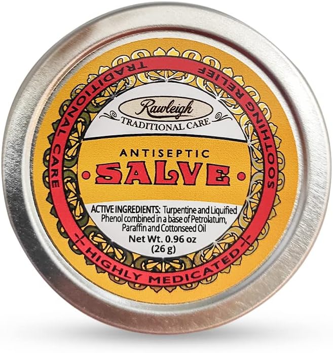 Rawleigh Antiseptic Yellow Salve Small Tin: 0.96 oz, Natural, Multi-Purpose Ointment Soothes Skin Cuts, Bruises, Irritations, with Turpentine, Phenol, Cottonseed Oil, Original Formula - Pack of 12