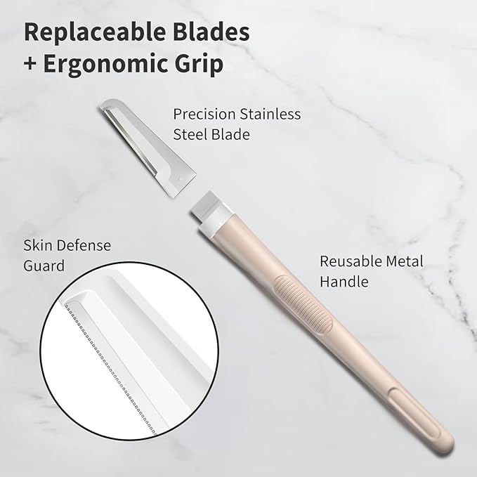 Face Razors for Women, Dermaplane Razor for Women Face, Eyebrow Razor, Facial Razors, Dermaplaning Tool, Reusable Metal Handle with 8 Microblades for Sensitive Skin, Peach Fuzz Remover, Beige