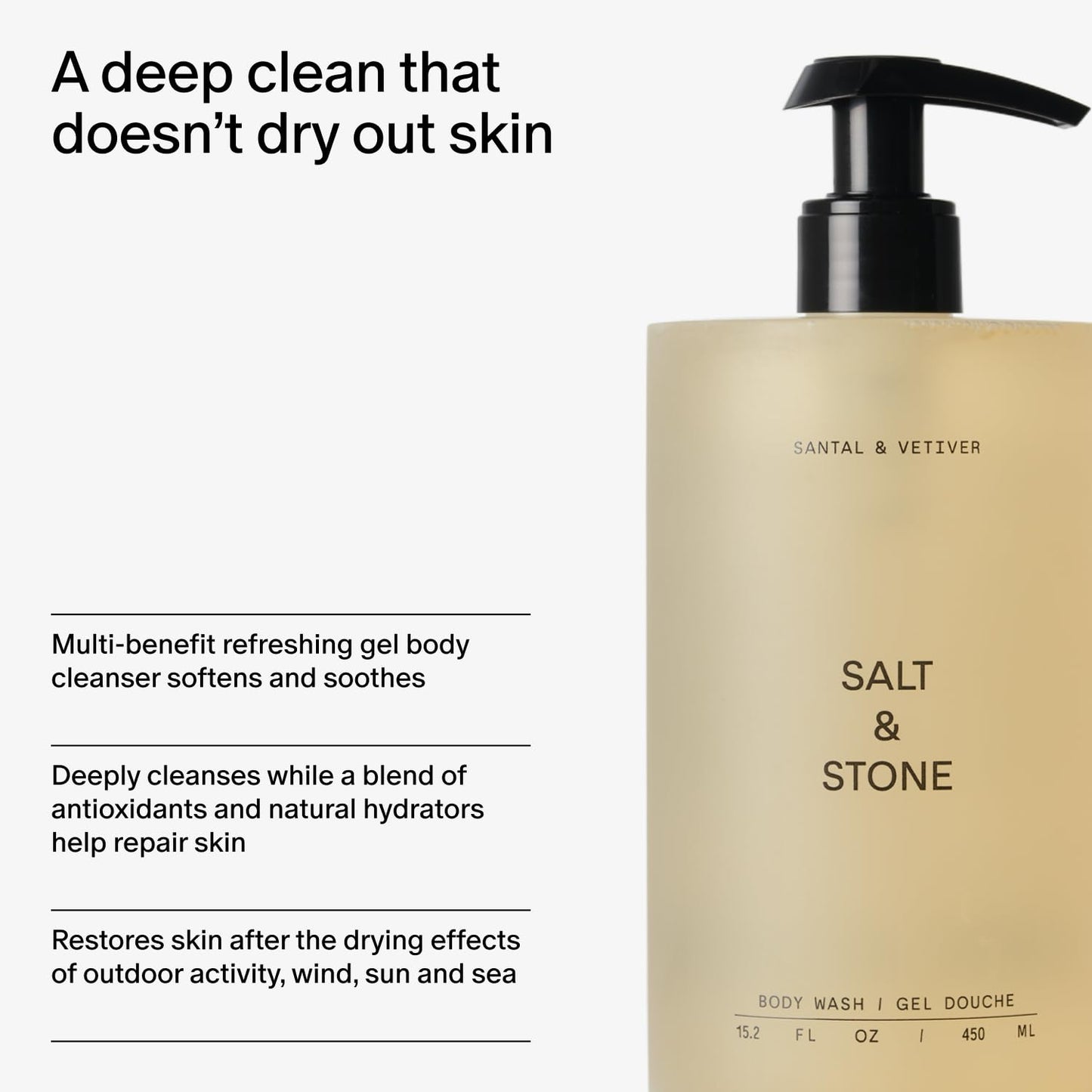 Salt & Stone Body Wash with Antioxidants for Deep Moisture | For Women & Men, Sulfate, Paraben, & Dye Free, Leaving Skin Soft and Hydrated | Santal & Vetiver 32 fl oz
