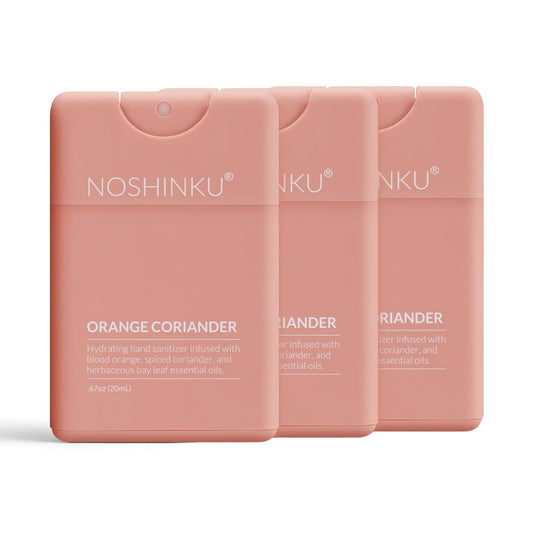 Noshinku - Refillable Hand Sanitizer Orange Coriander 3-Pack, Travel Size Spray, Hydrating Botanical Oils, Natural Ingredients, All Natural Fragrances, Sugarcane Derived Alcohol, No Parabens, No Dyes