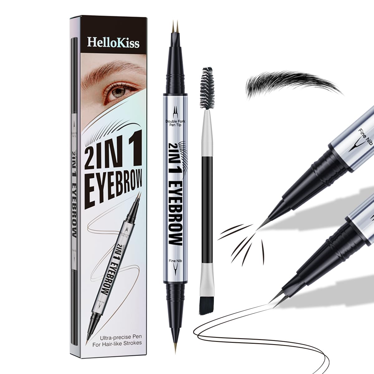 Eyebrow Pencils for Women - Microblading Eyebrow Pencil 2-In-1 Dual-Ended Eyebrow Pen with Precise 2-Fork-Tip & Brush-Tip Waterproof Eyebrow Pencil for Hair-Like Brows, Last All-Day, Black