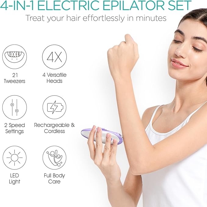 Epilator for Women-Cordless Epilators Hair Removal for Women, 4-in-1 Electric Razor Hair Remover, 2 Speeds & 21 Tweezers for Face Legs Arms Armpit Bikini, Purple HR310