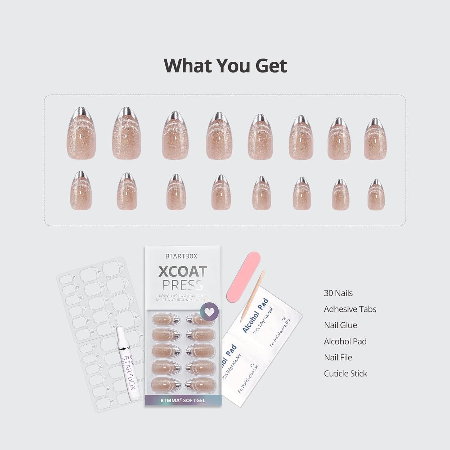 BTArtbox Almond Press On Nails Medium - Lamp-Curable Metallic French Tip Cat Eye Press On Nails with Glue for Women, Soft Gel Glue On Nails in 15 Sizes - 30 Stick On Nails Kit, Silver Storm