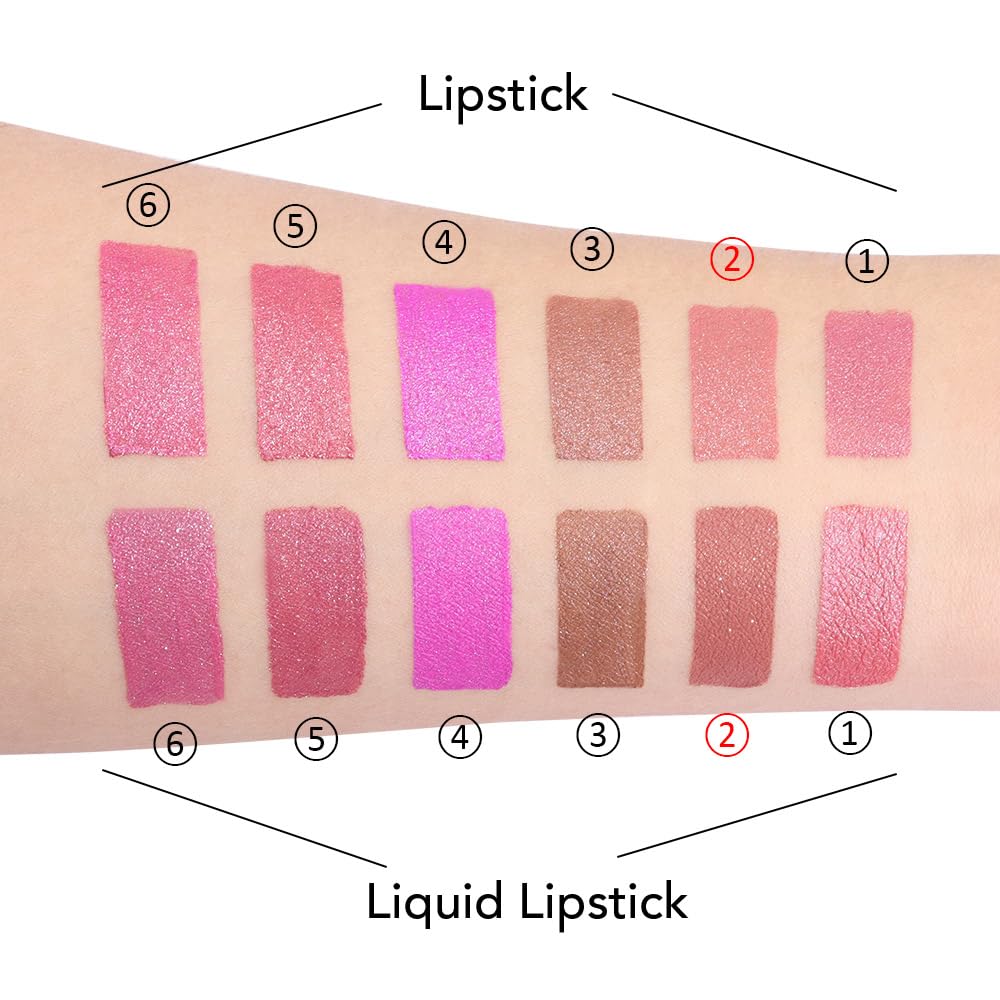 evpct 2 in 1 Rose Nude Glitter Metallic Shimmer Diamond Lipstick and Lip Gloss Set for Women Long Lasting Waterproof, Bright Rose Pink Sparkle Glitter Shiny Lipstick and Lip Liner Makeup Set, 02#