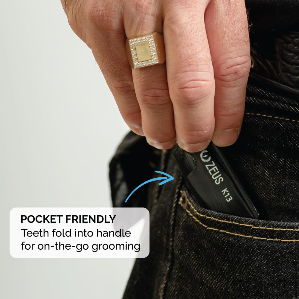 ZEUS Folding Mustache Comb for Men, Handmade Saw-Cut Pocket Comb for Men’s Beard & Moustache Grooming, Compact & Travel Friendly (Traditional) 3 PACK