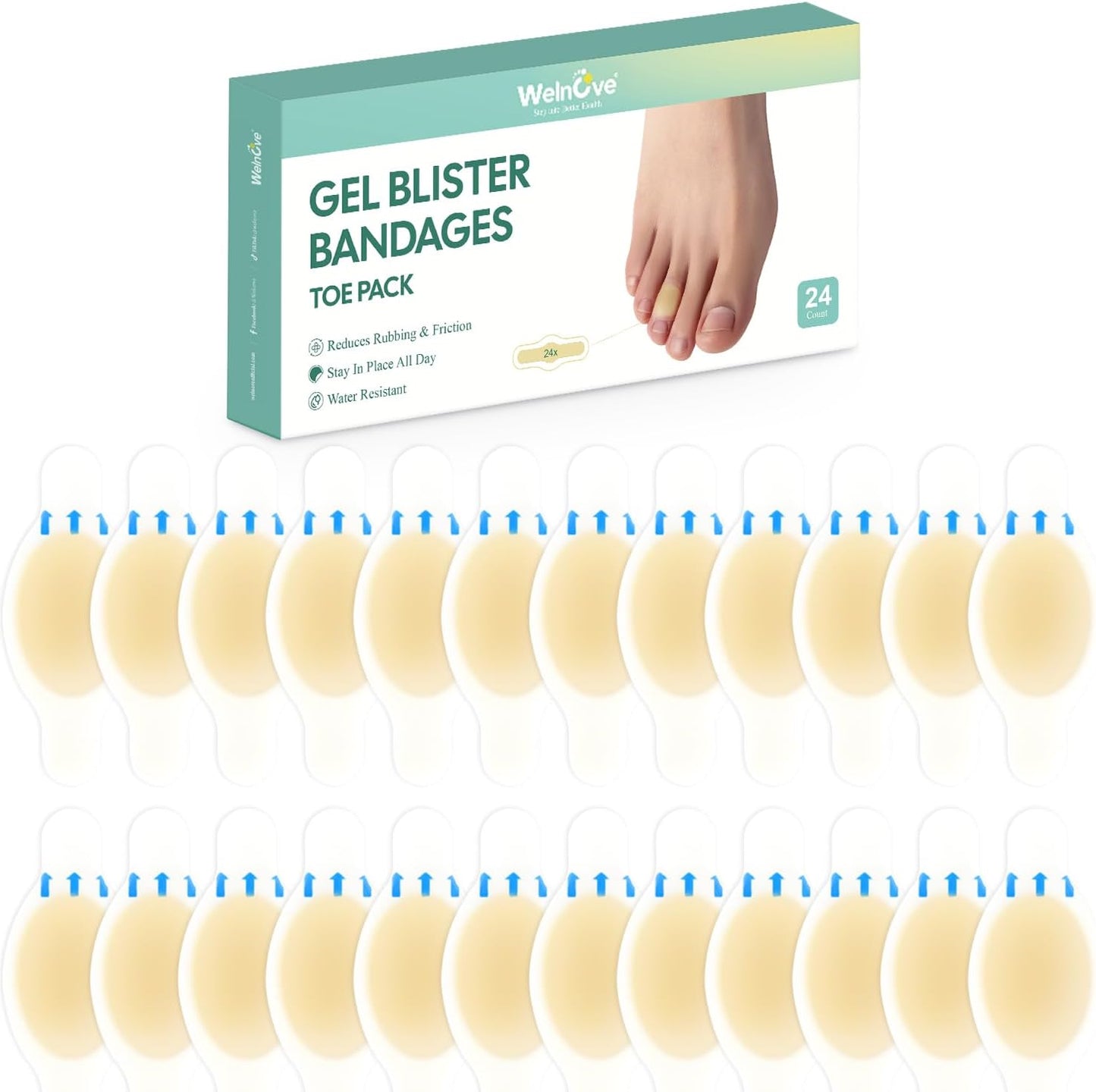 Welnove Gel Blister Bandage - 24 PCS Hydrocolloid Bandages for Prevention & Recovery, Blister Cushions for Heel, Toes & Foot, Blister Bandages for High Heels, Sandals, Wedding, Party (Toe Pack)