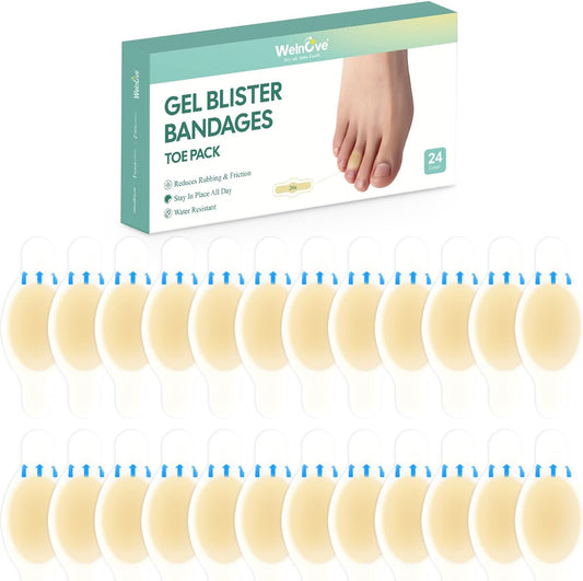 Welnove Gel Blister Bandage - 24 PCS Hydrocolloid Bandages for Prevention & Recovery, Blister Cushions for Heel, Toes & Foot, Blister Bandages for High Heels, Sandals, Wedding, Party (Toe Pack)