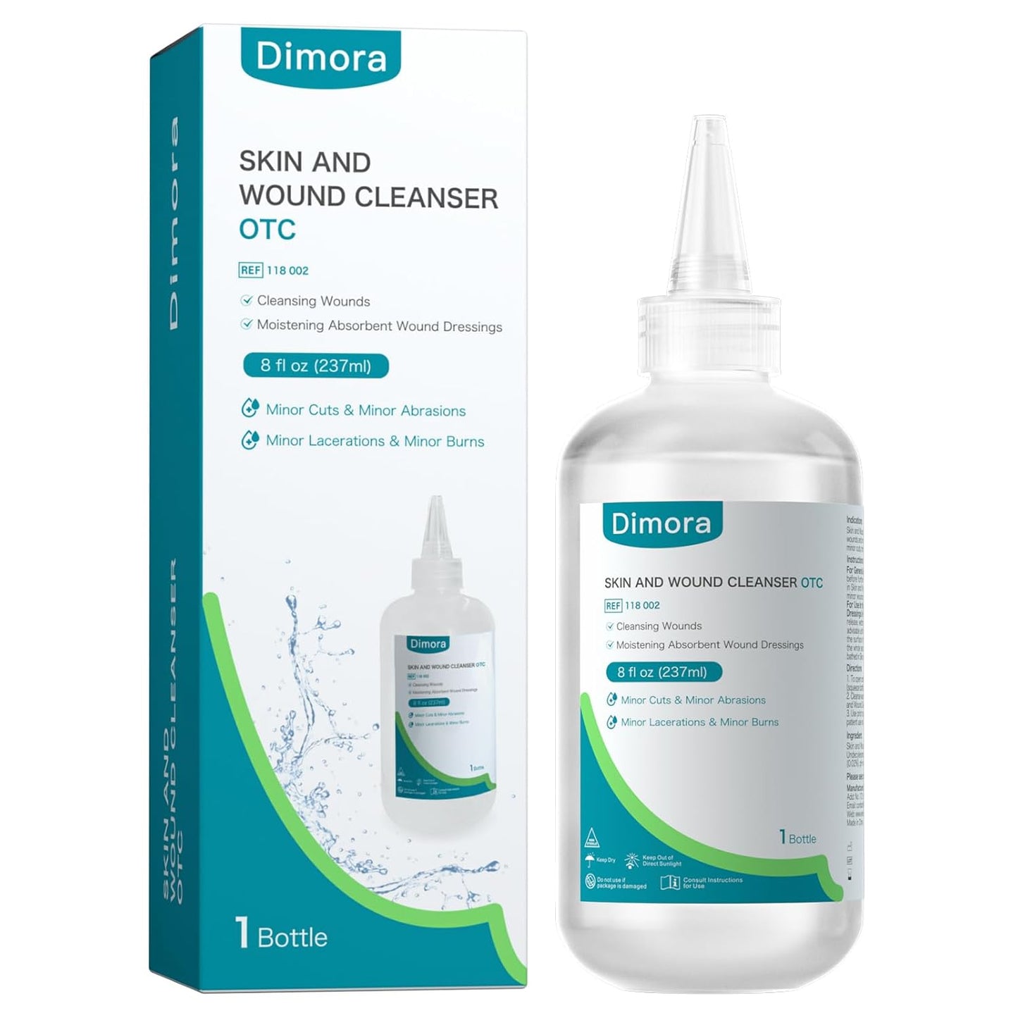 Dimora Skin and Wound Cleanser, OTC First Aid Antiseptic Cleanser,Moistening Absorbent Antibacterial Wound Dressings for Cuts, Abrasions, Lacerations, Burns, Skin Cleansing and Rinsing -8oz / 237mL