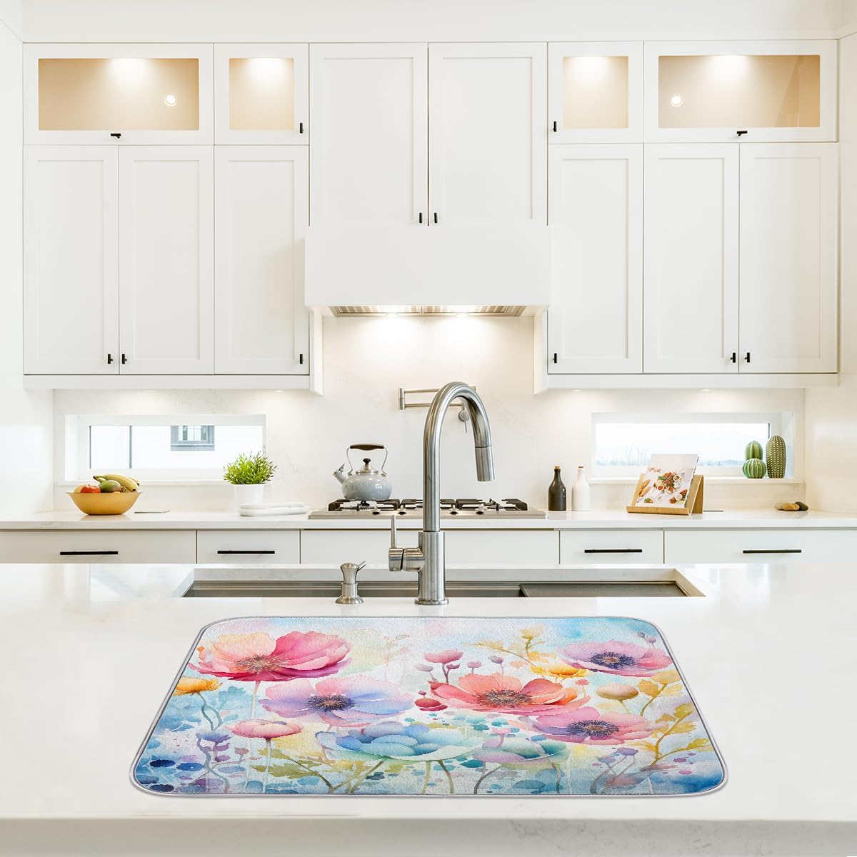 Dish Drying Mat Watercolor Spring Colorful Flowers Large Drying Mat for Kitchen Counter 18x24in Absorbent Dish Drainer Rack Pad, Heat Resistant Coffee Bar Mats Countertop Protector