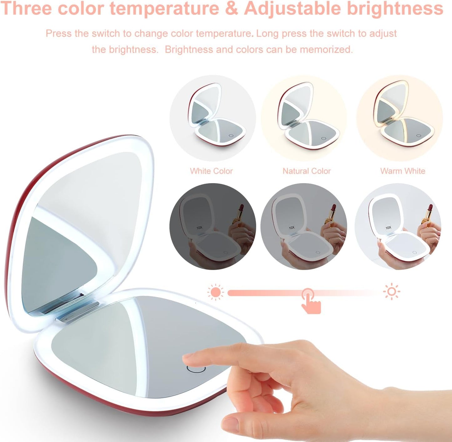 Mocado Compact LED Travel Makeup Mirror - 4 Inches 1X/10X Magnification Travel Mirror with Light Dimmable Double Sides Lighted USB Rechargeable Compact Mirror for Purse,Pocket,Travel(Wine Red)