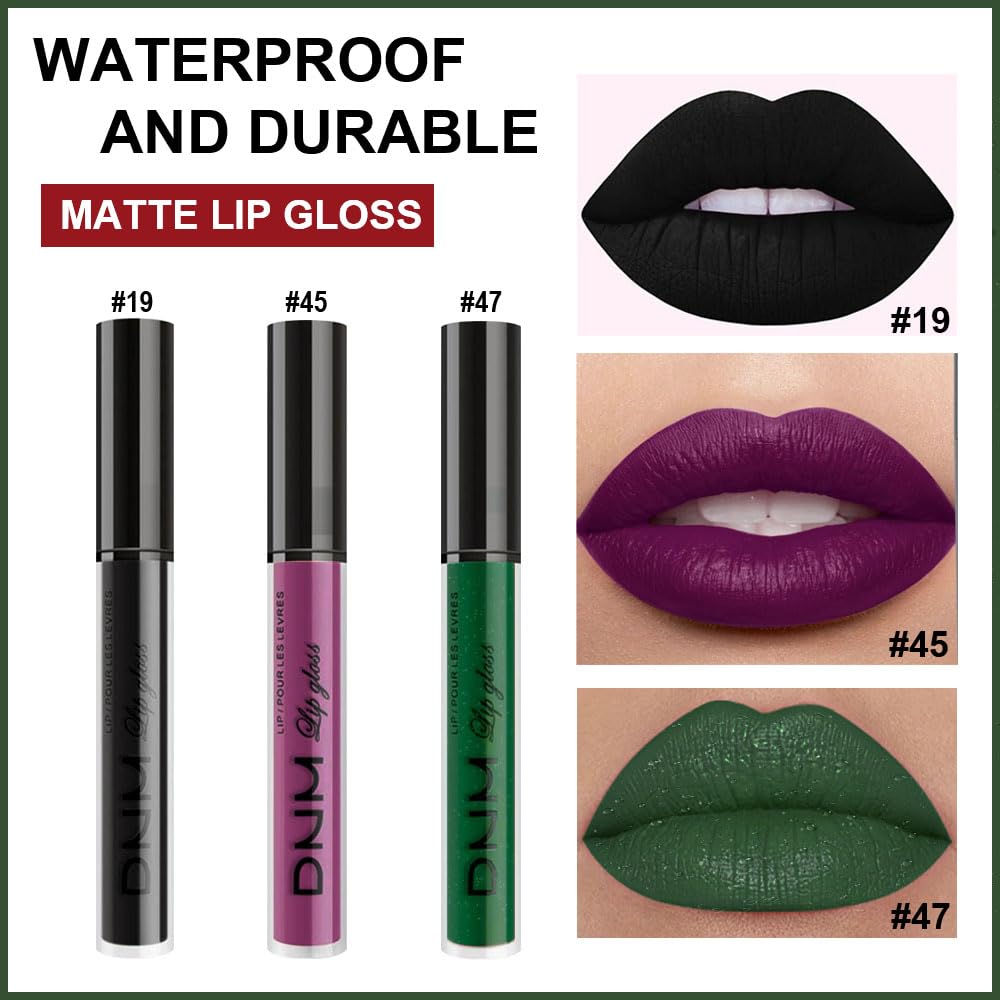 evpct 3Pcs Dark Black Grape Plum purple Emerald Green Matte Liquid Lipstick Lip Stain Sets for Women Matte+Lipstick Long Lasting 24 hr Hours Magic Lipstick 24 Hours original Waterproof 18#