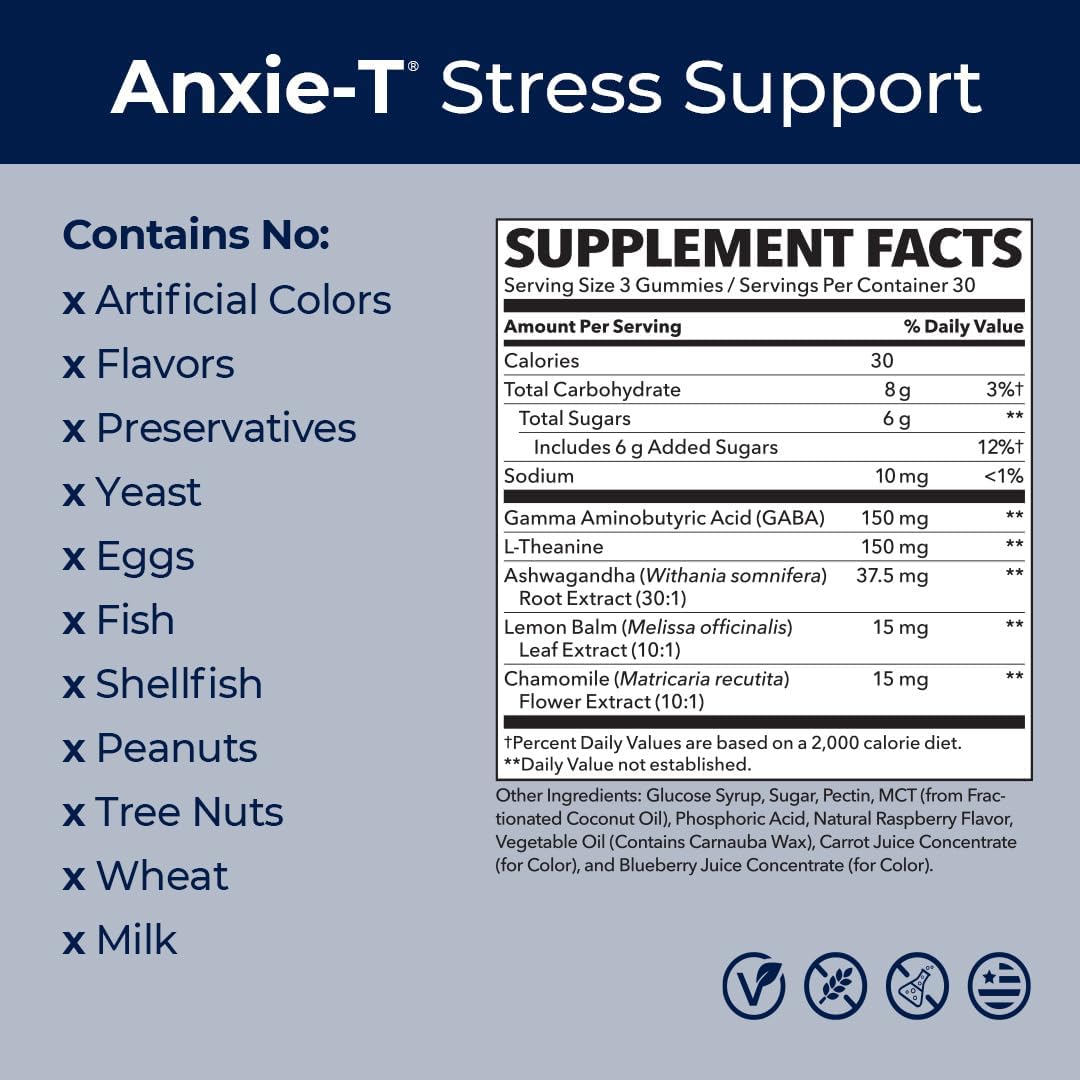 Anxie-T - Stress Relief Gummy - Vitamin Supplement for Mood & Mental Focus Support - Feel Calm and Relaxed - Rapidly Eases Tension - Ashwagandha, GABA & L-Theanine - 90 Gummies