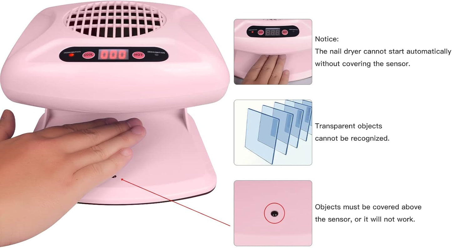 Air Nail Dryer with Automatic Sensor, 300W Timing Air Nail Fan Blow Dryer for Both Hands and Feet, Warm & Cool Wind Blower Dryer for Regular Nail Polish, Home and Salon Use No Harmful (Pink)