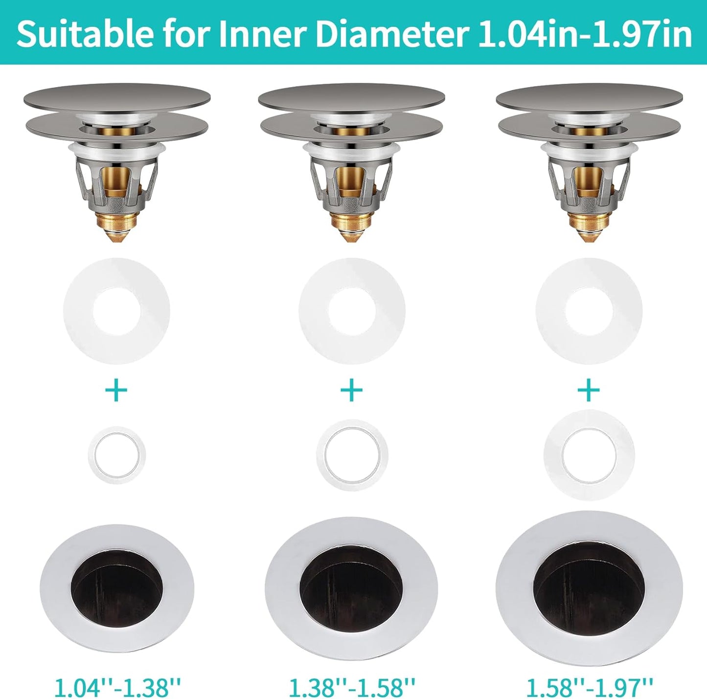 Universal Bathroom Sink Stopper with Hair Catcher, for 1.04-1.97 Inch Drain Hole, Spring Core Bathtub Drain Cover, Pop Up Sink Plug Basin Drain Strainer, Large Lid Gray