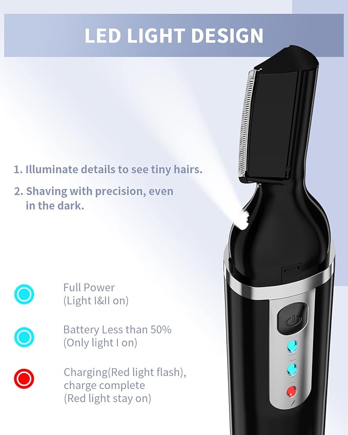 Eyebrow Trimmer, Electric Eyebrow Razor for Women Men, Rechargeable Painless LED Light Facial Hair Shaver Remover with Rinseable Blade for Face Lips Neck Leg
