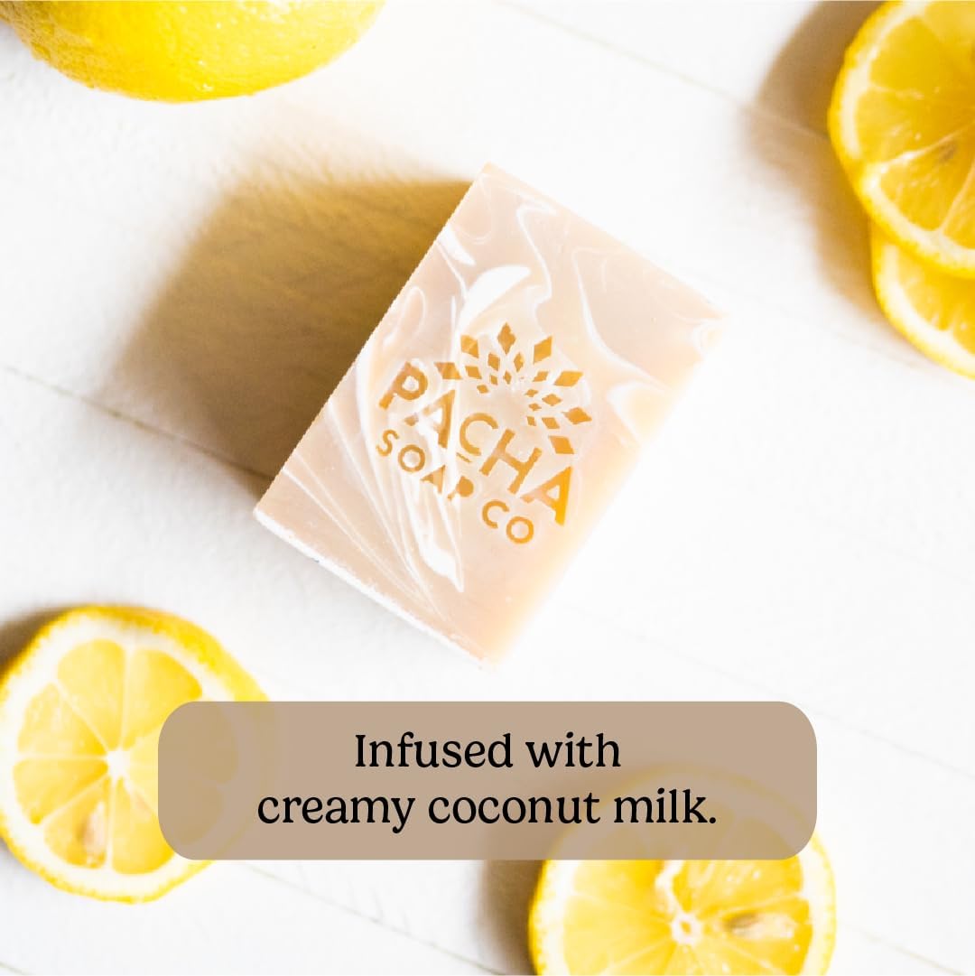 Pacha Soap Co. Bar Soap - Premium, Handcrafted, Hydrating, Natural Face Wash, Hand Cleanser, Body Wash, Soothing Essential Oils (Coconut Lemon, 5-Pack, 4 oz ea)
