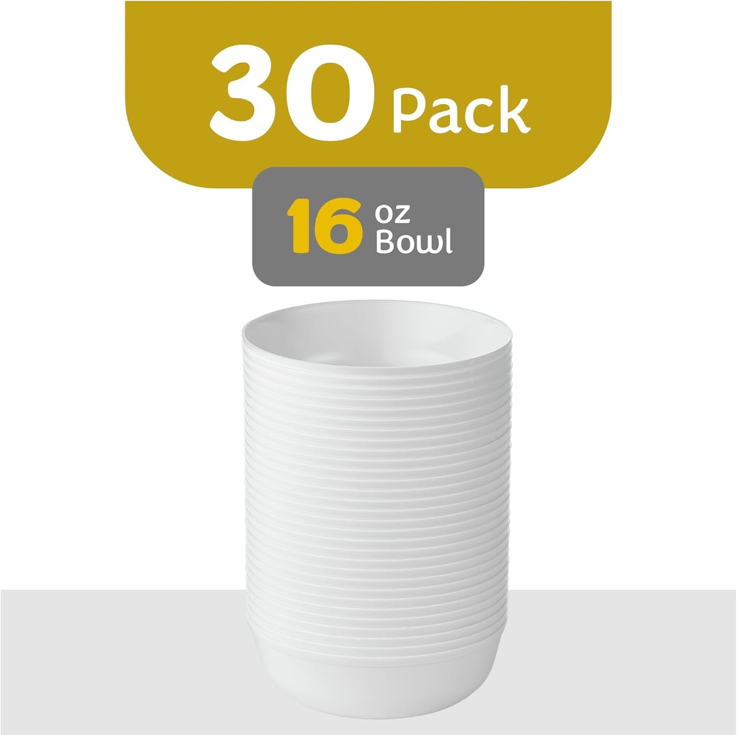 [30 Pack 16 OZ Bowls] Edge Collection White Plastic Party Bowls Premium heavyweight Elegant Disposable Tableware Dishes