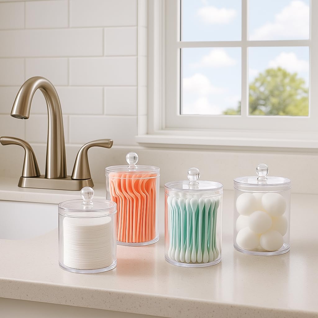 Acrylic Qtip Holder Bathroom Set, Bathroom Containers with Lids, Clear Plastic Apothecary Jars, Q Tip Holder Bathroom Set, Cotton Swab Holder, Cotton Ball Holder (Pack of 4)