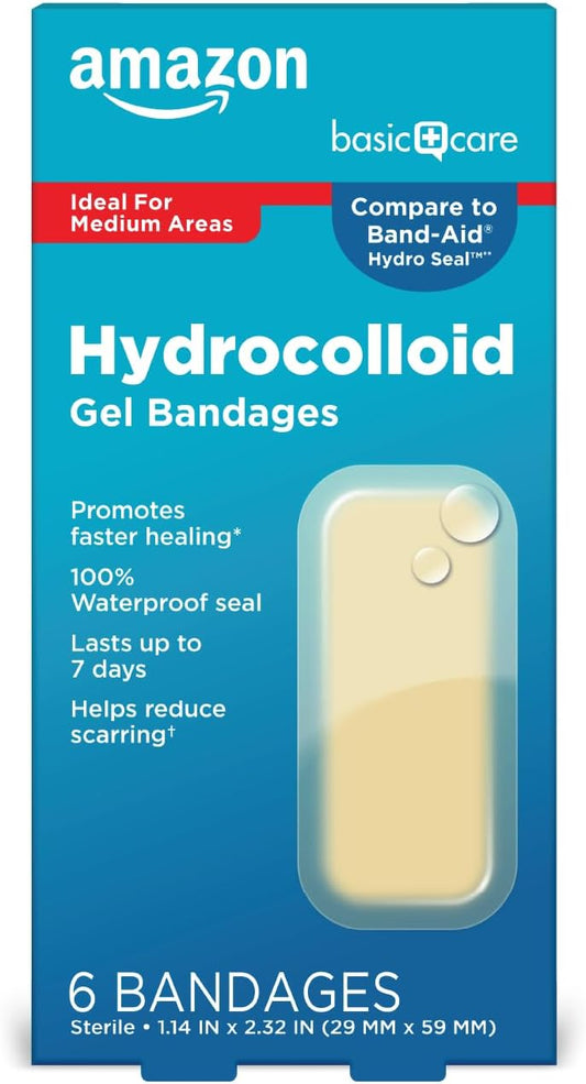 Amazon Basic Care Advanced Fast Healing Hydrocolloid Gel Bandages, Large, 6 ct