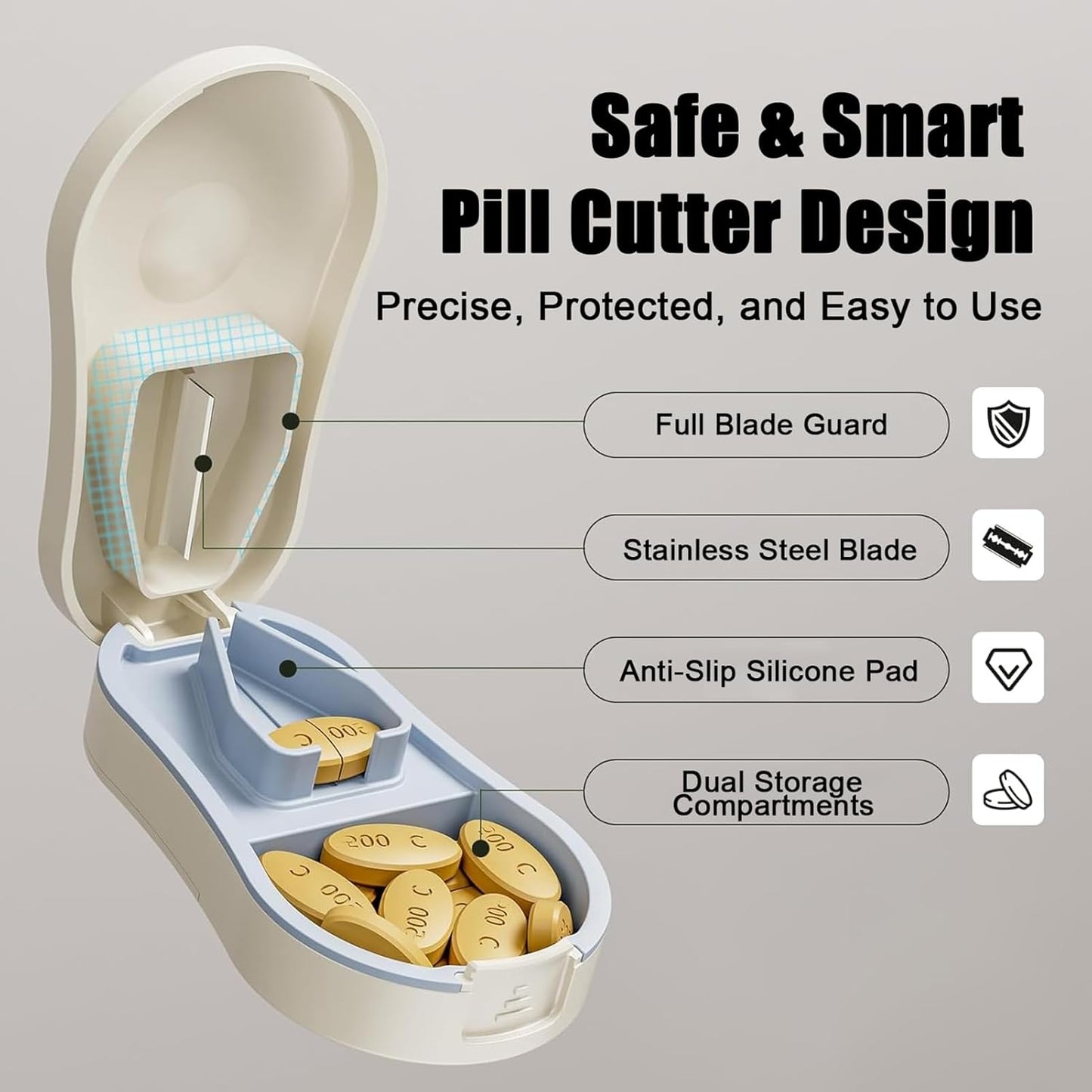 Pill Cutter Splitter for Small and Tiny Pills - Tablet Cutter with Centering Device, V-Slot, Storage and Cleaning Brush - Medicine Slicer for Accurate Cuts (White)