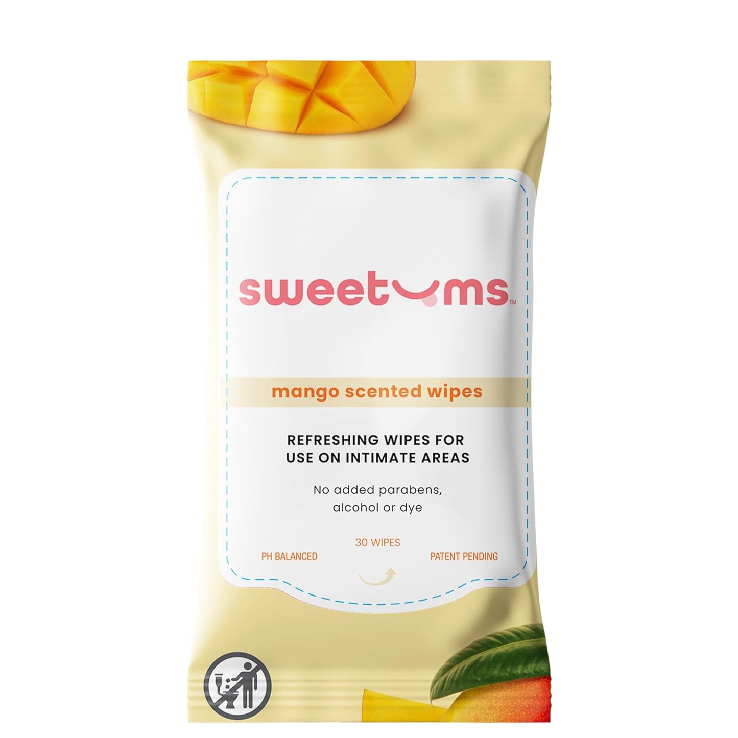 Sweetums Mango Scented Daily Feminine Wipes for Women – pH Balanced Unflavored Intimate Wipes – Water-Based, Aloe-Infused, Gentle on Sensitive Skin – Vegan, No Alcohol or Dyes, Travel-Friendly - 30ct