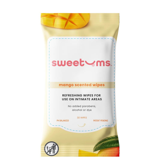 Sweetums Mango Scented Daily Feminine Wipes for Women – pH Balanced Unflavored Intimate Wipes – Water-Based, Aloe-Infused, Gentle on Sensitive Skin – Vegan, No Alcohol or Dyes, Travel-Friendly - 30ct