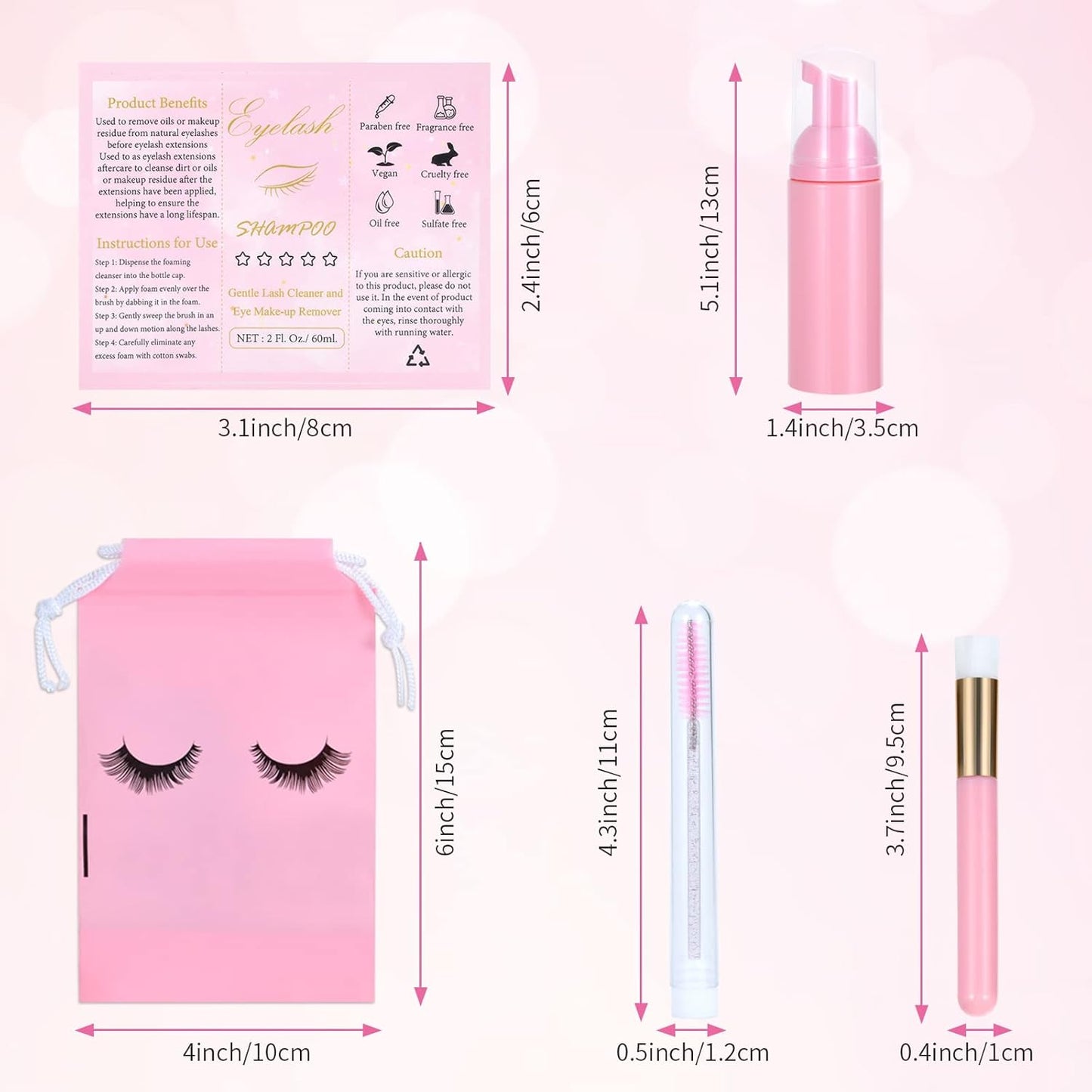 50 Pcs Lash Shampoo Bottle Brushes Set (Pink)