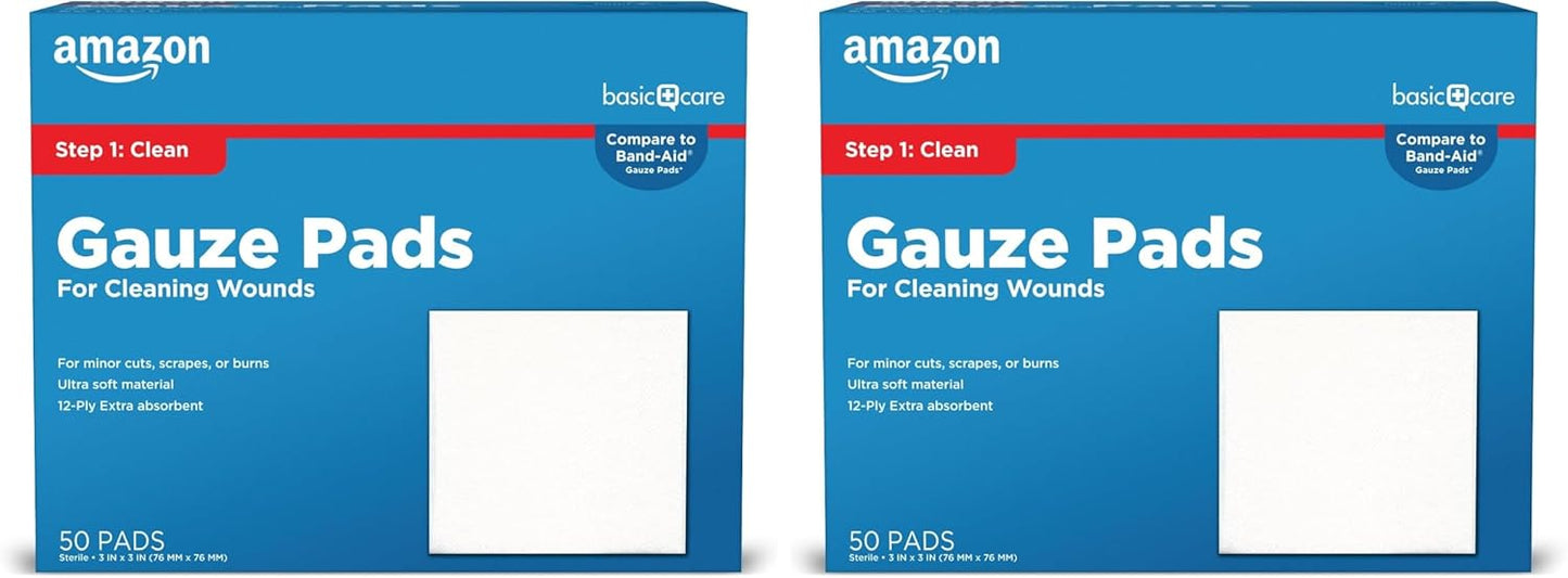 Amazon Basic Care Gauze Pads, 3x3 inches Sterile Medical Wound Dressing Sponges for Cleaning, Covering, & Cushioning Cuts & Minor Injuries, 50 Count (Previously All Health) (Pack of 2)