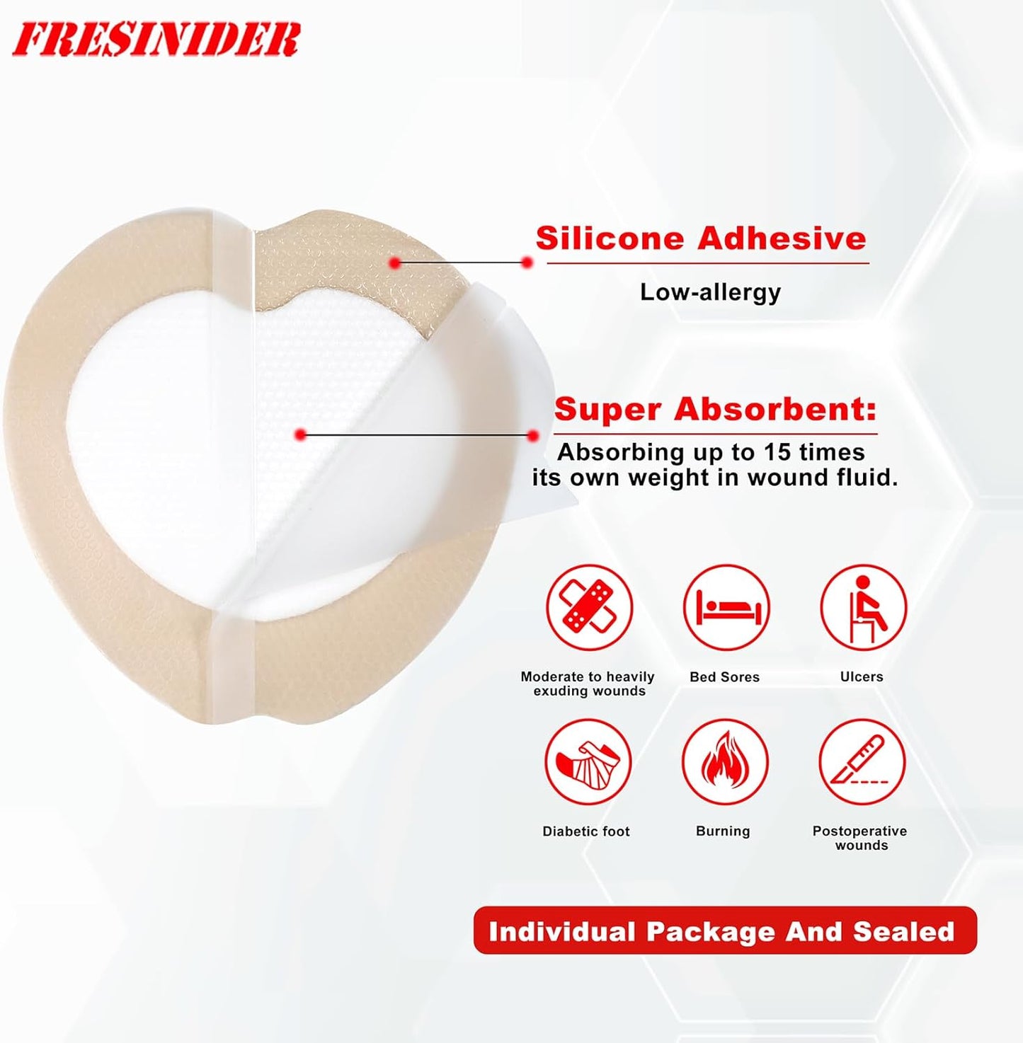 FRESINIDER 7"x7" (Pack of 10) Wound Silicone Sacral Foam Dressing Sacrum Foam Adhesive with Border - Waterproof Absorbent Breathable Bed Sore Pressure Pads