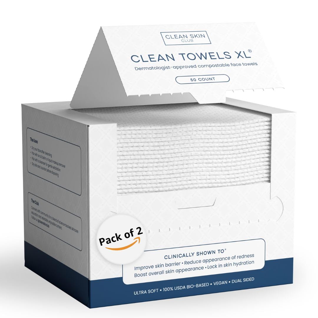 Clean Skin Club Clean Towels XL®, 100% USDA Biobased Face Towel, Disposable Face Towelette, Eczema Association Accepted, Makeup Remover Dry Wipes, Ultra Soft, 50 ct per pack, 2 Packs, 100 Ct Total