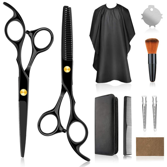 Professional Home Hair Cutting Kit Home Haircutting Scissors Barber/Salon/Home Thinning Shears Kit with Comb and Case Black Cape for Men Women