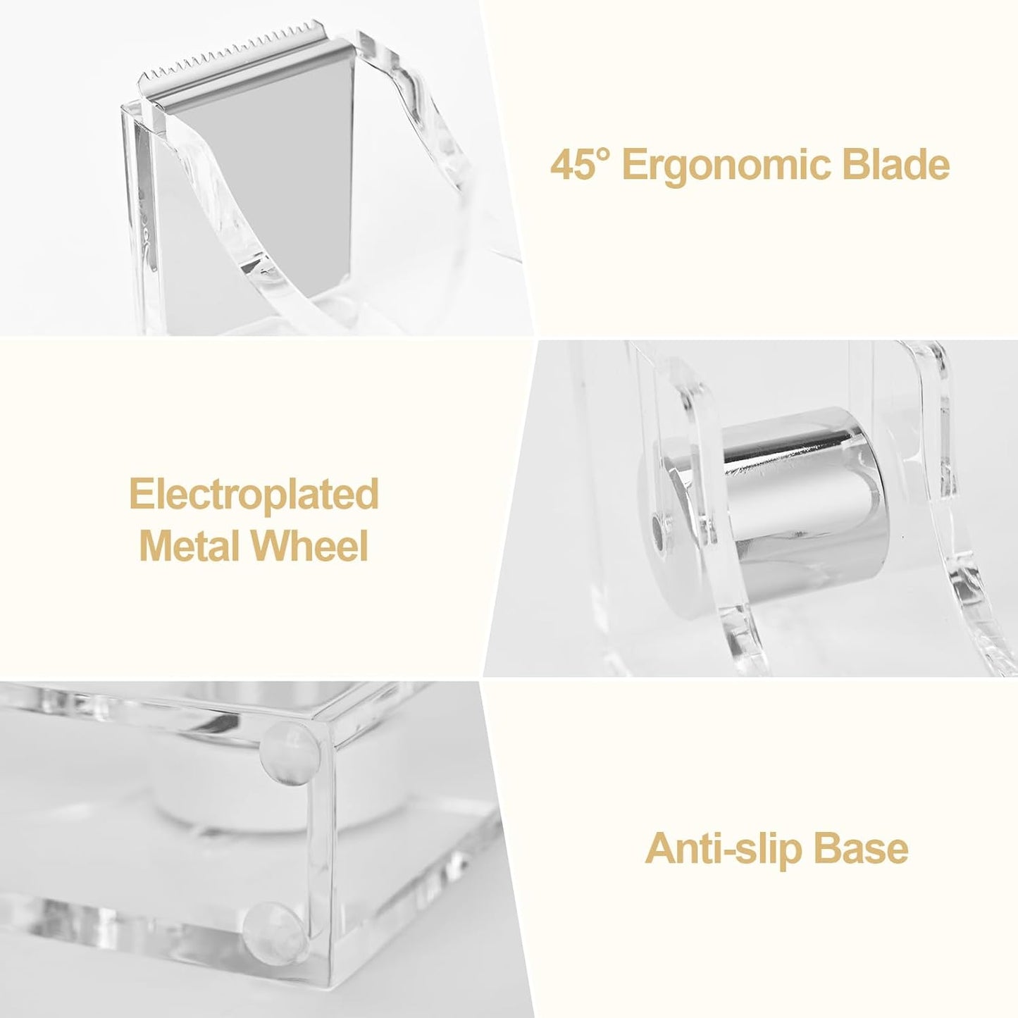 Acrylic Tape Dispenser, Transparent Office Tape Dispenser Desk, Non-Slip Rubber Holder Buttom, Morden Accessory for Stylish Desk at Home, School, Office-Silver